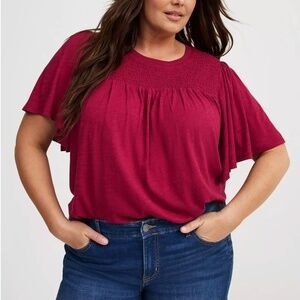 Torrid Women's Flutter Short Sleeve Smocked Top in Red Plum 2X NWT